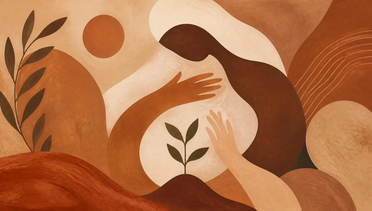 Ilustração artística em tons terrosos que representa acolhimento e crescimento emocional